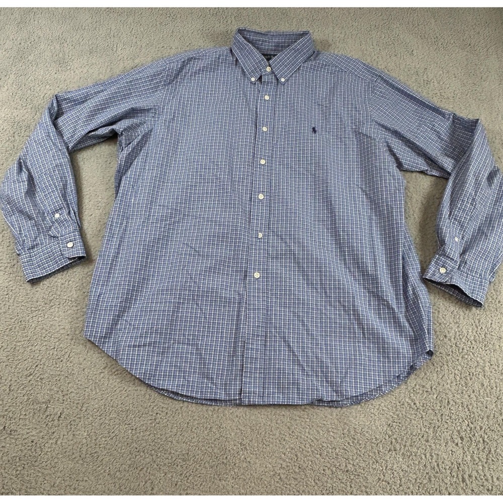 Ralph Lauren Shirt Mens 2XL Blue White Check Classic Fit Button Down Polo Cotton